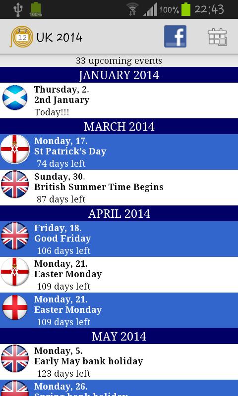 2017 UK Holidays Calendar